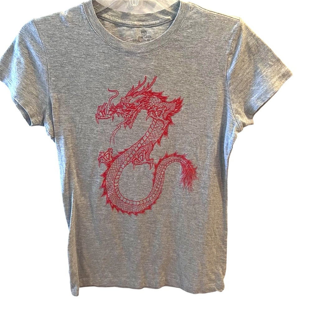 Light Gray T-Shirt with Red Dragon Print by Bacardi Dragon Berry.   Size = Large